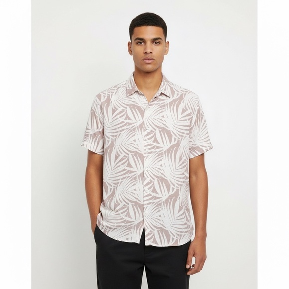 Express Other - Express Linen Button-Up Shirt Size Small Blend Palm Leaf Short Sleeve